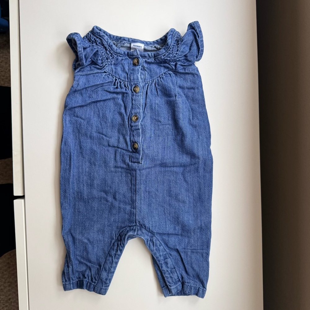 Old Navy Baby Girl Denim Ruffle One-Piece Jumpsuit Size 0-3M